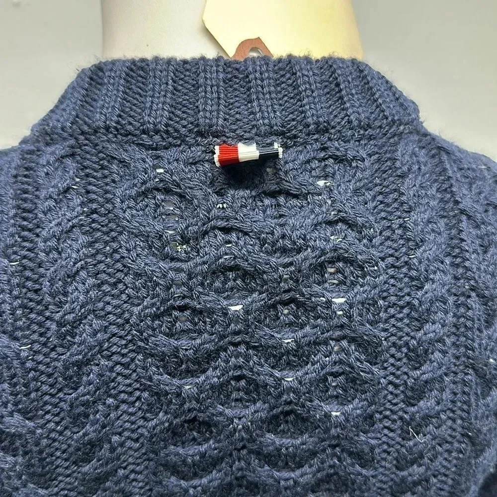 Thom Browne Cable Knit Crewneck Pullover Sweater Navy Blue Wool Size 40 / 1 New - Picture 8 of 13